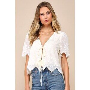 Lulus Vintage Aesthetic Ivory Embroidered Tie-front Fringe Hem Top White